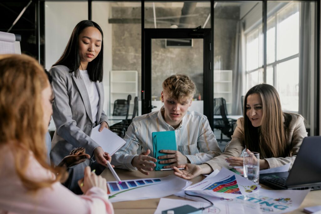 Employees in the middle of a strategy meeting.